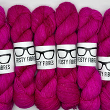 Load image into Gallery viewer, Pink Merino Linen yarn skeins with &#39;Feisty Fibres&#39; labels on a white background
